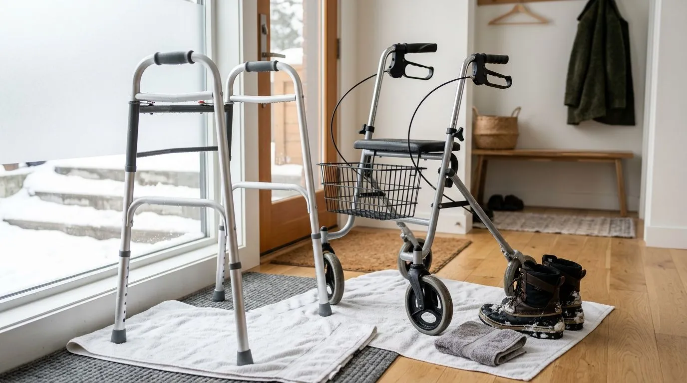 Walker and rollator drying indoors after winter weather