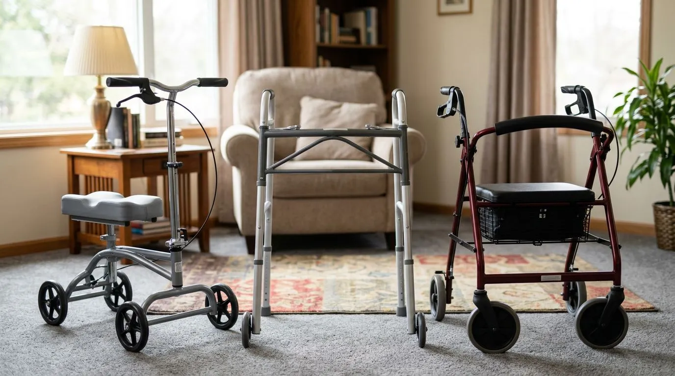 Knee walker, standard walker, and four-wheel rollator displayed in a home living room