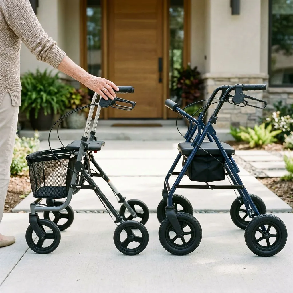 Two generic rollators with different wheel sizes shown on a sidewalk for comparison