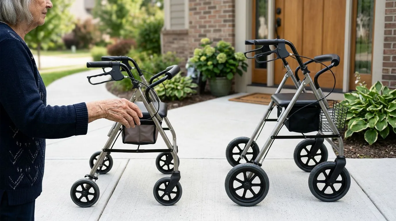 Two generic rollators with different wheel sizes shown on a sidewalk for comparison