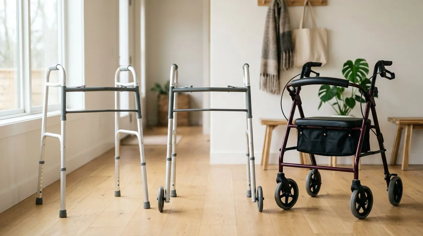 Lightweight walker, two-wheel walker, and rollator with seat shown side by side in a home entryway