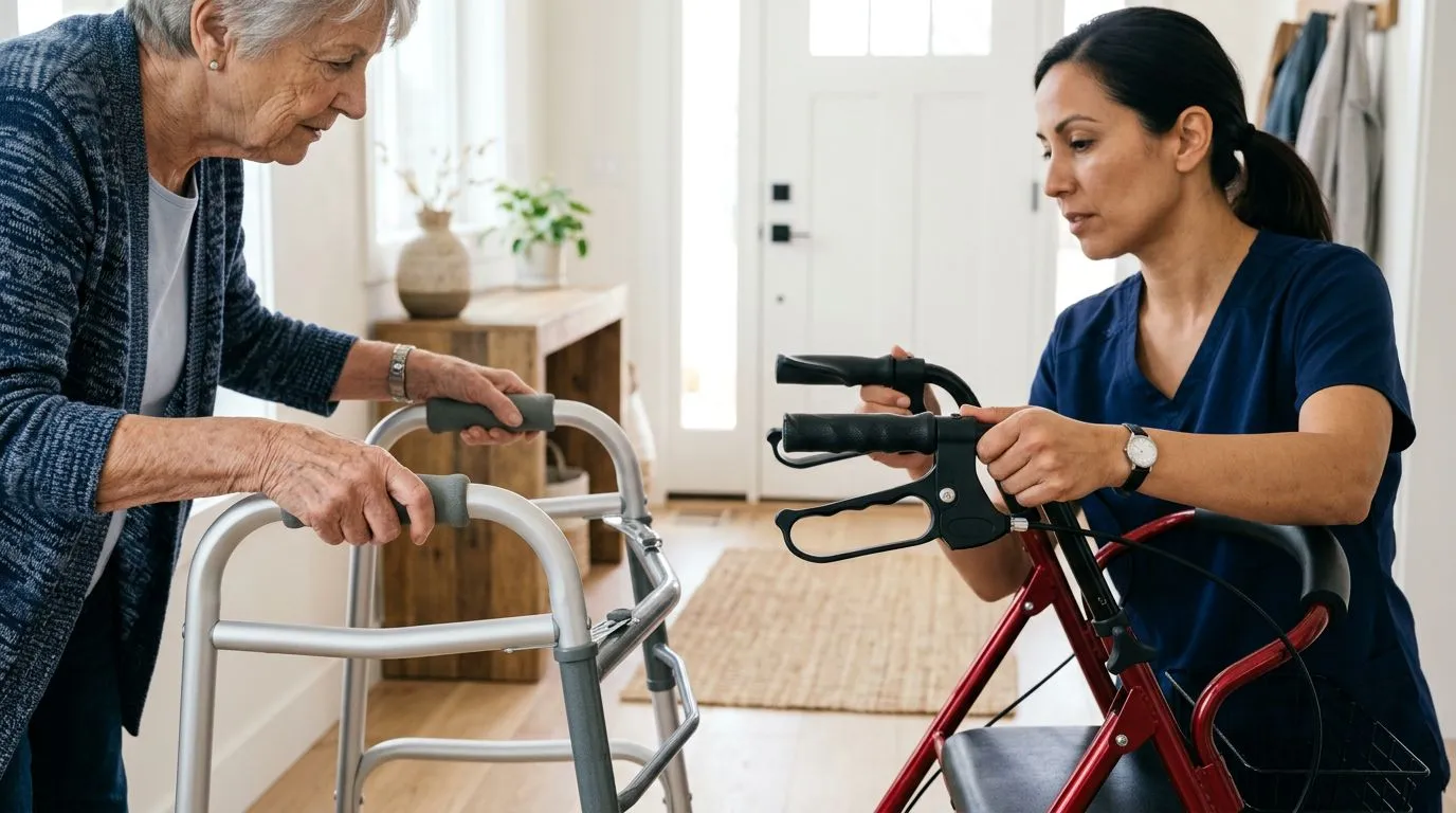 Older adult and caregiver checking hand grips on a walker and rollator