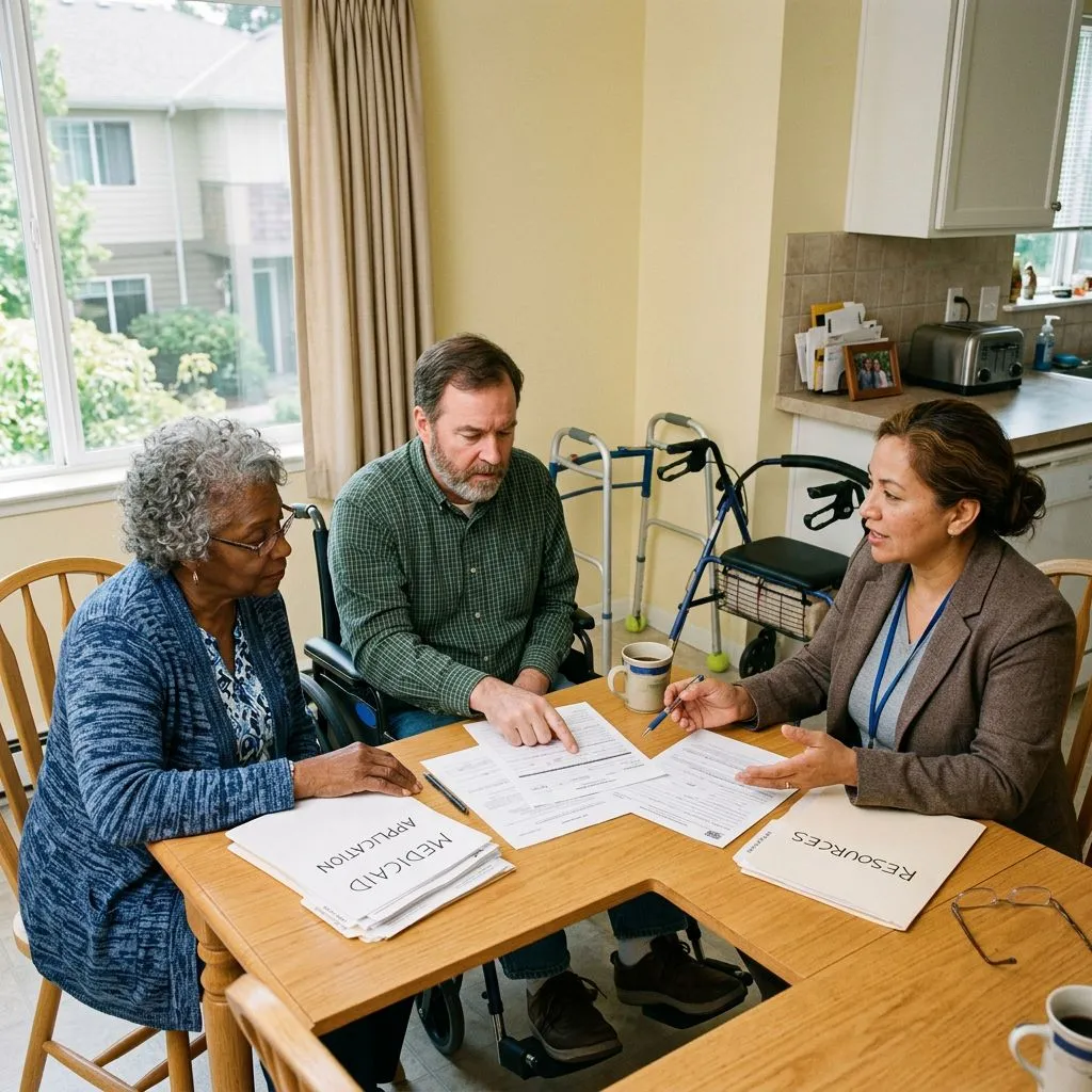 Older adult reviewing Medicaid paperwork with a care coordinator beside a walker and rollator