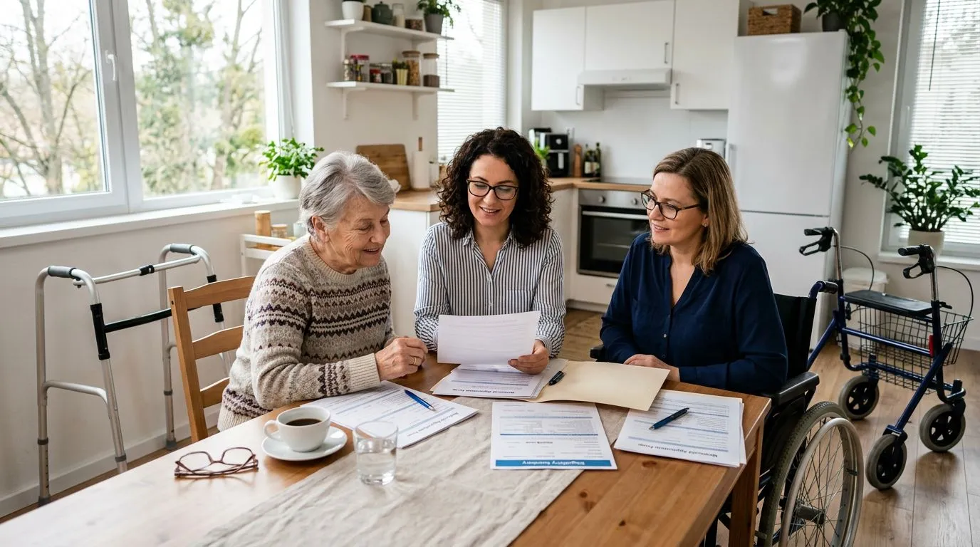Older adult reviewing Medicaid paperwork with a care coordinator beside a walker and rollator
