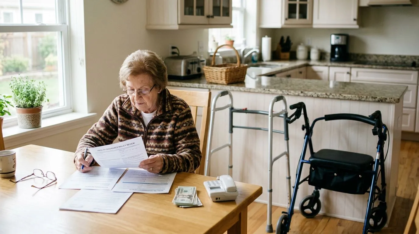 Older adult reviewing insurance papers with a walker and rollator nearby