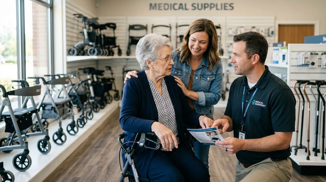 Older adult discussing Medicare walker and rollator options with a medical equipment supplier