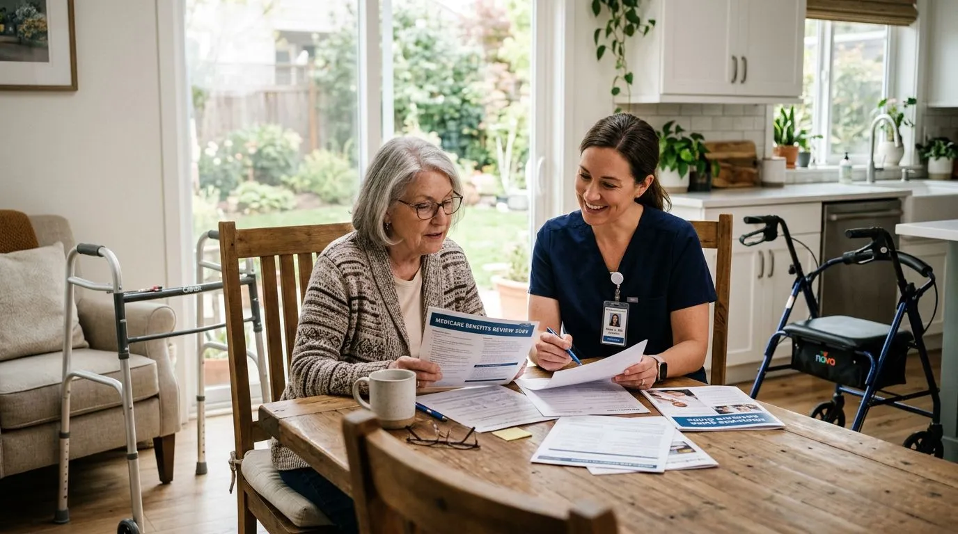Senior reviewing Medicare walker paperwork beside a walker and rollator