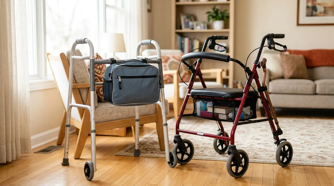 Standard walker and rollator with common accessories including bags, glides, grips, and brakes