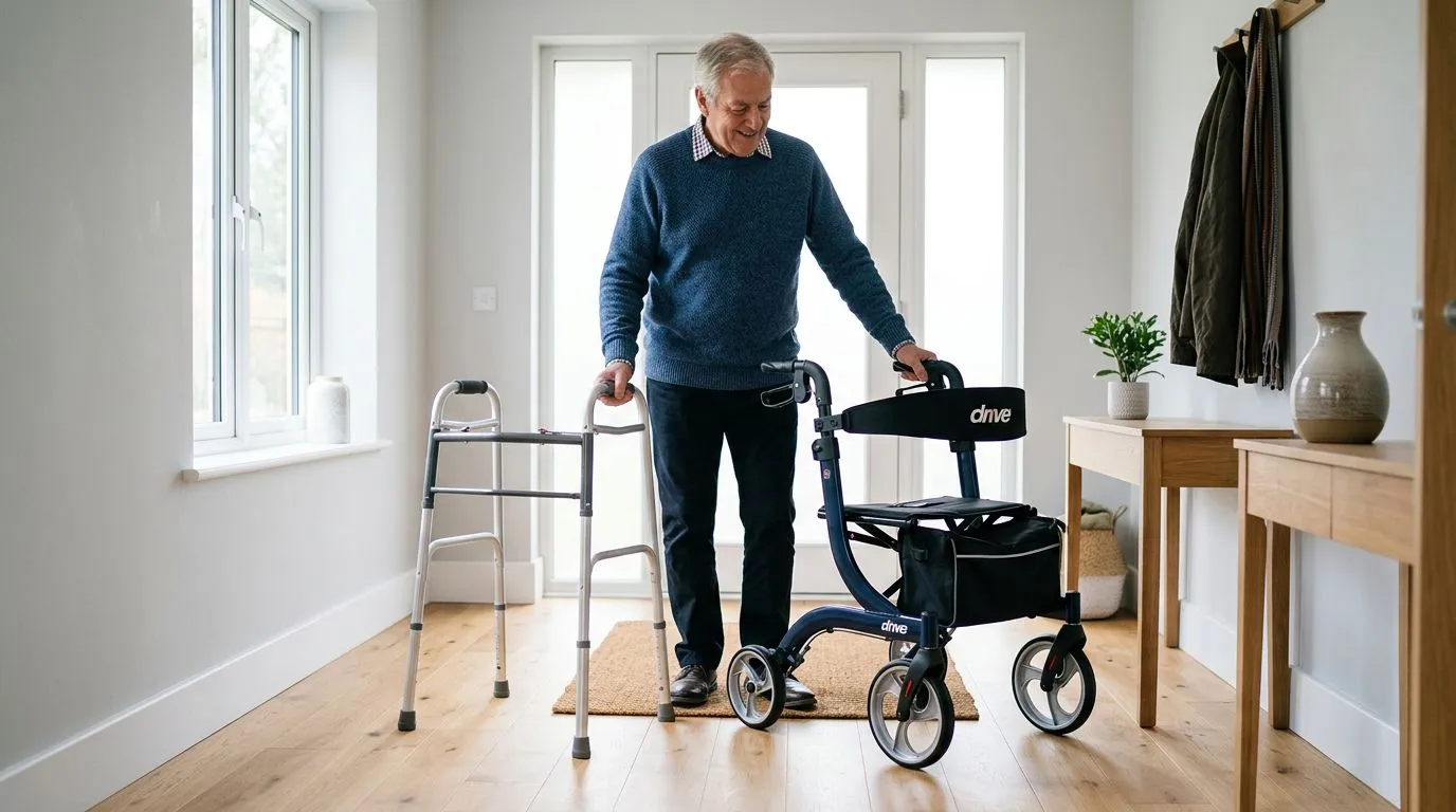 Older adult comparing a seated rollator and a standard folding walker in a home entryway