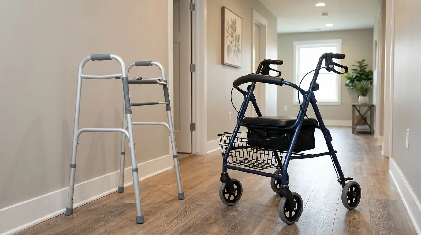 Standard walker next to a seated rollator in a home hallway