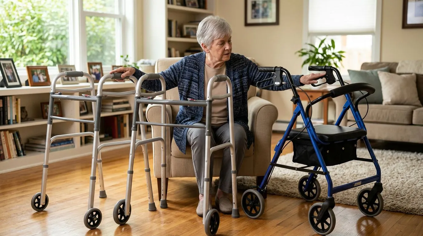 Older adult comparing walker and rollator grips and brakes in a home living room