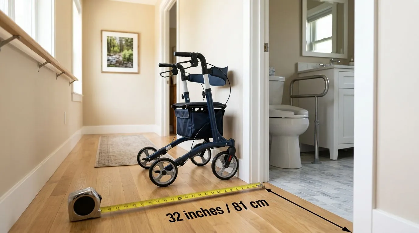 Compact rollator walker beside a measured bathroom doorway in a home hallway