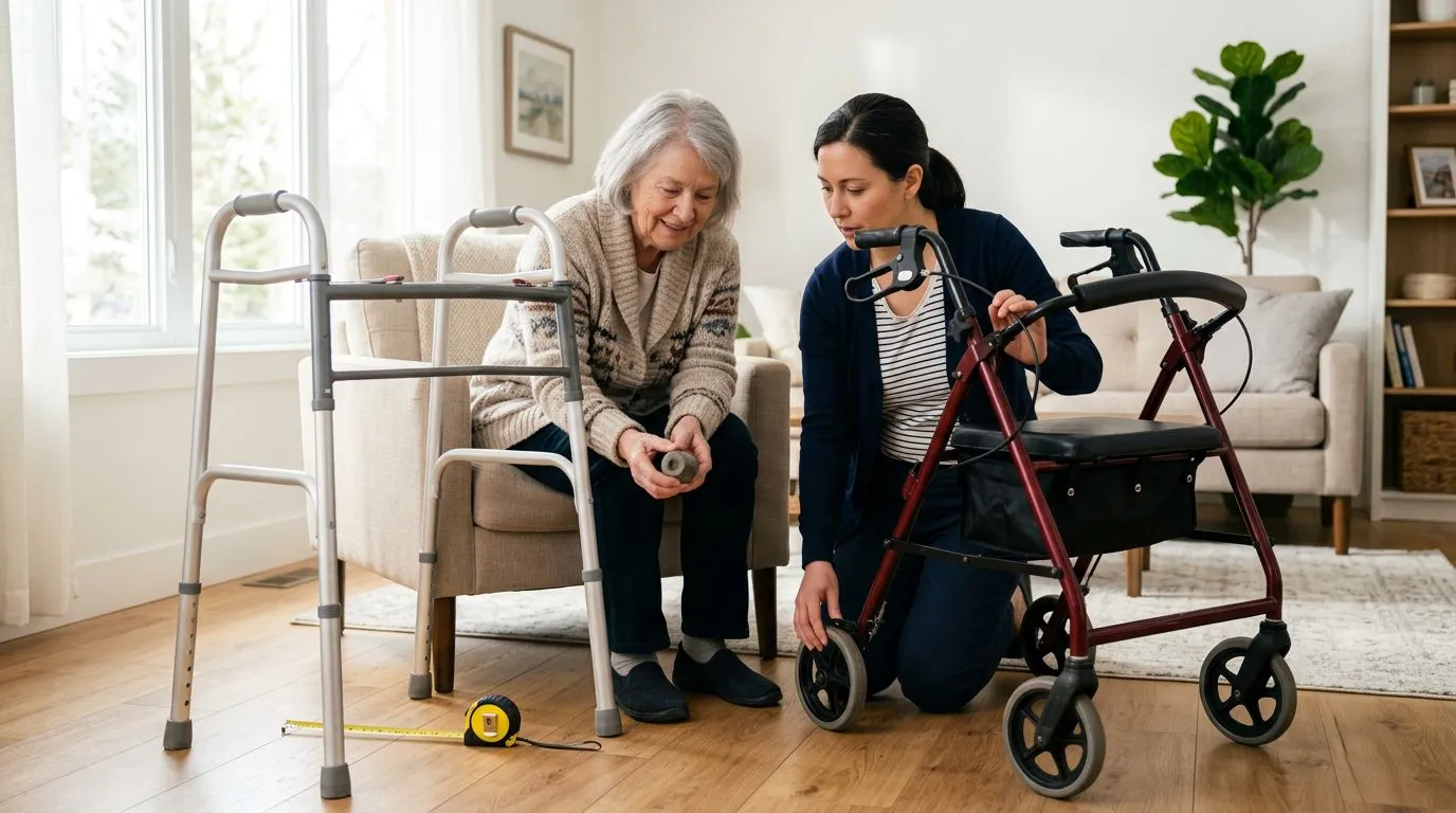 Older adult and caregiver inspecting a used walker and rollator at home
