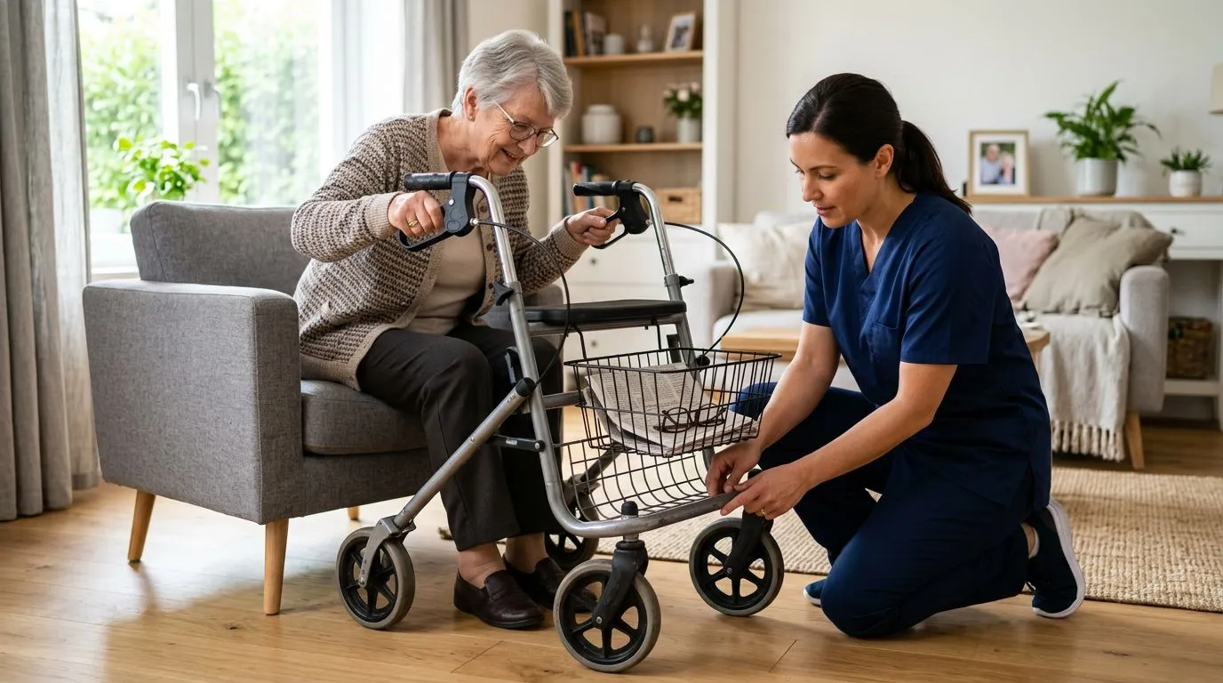 Caregiver checking the brakes and wheels on a used rollator walker before buying