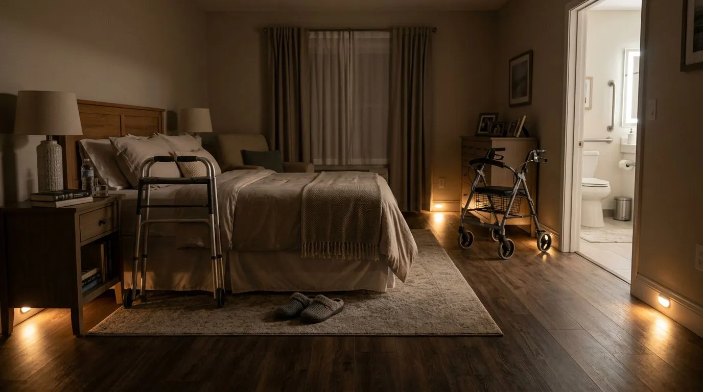 Senior bedroom at night with a clear lighted path, walker, rollator, and safe footwear