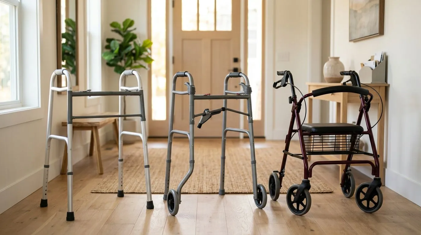 No-wheel walker, two-wheel walker, and four-wheel rollator compared in a home entryway