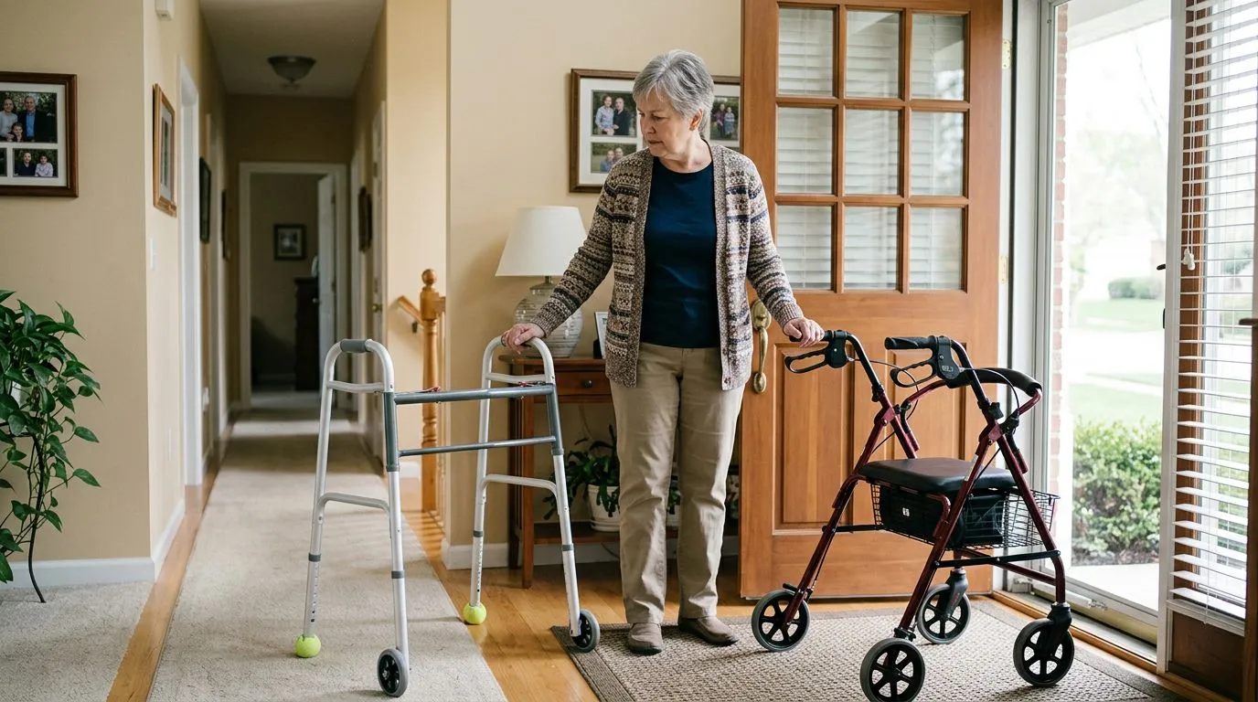 Older adult comparing an indoor folding walker and an outdoor rollator near a home entryway