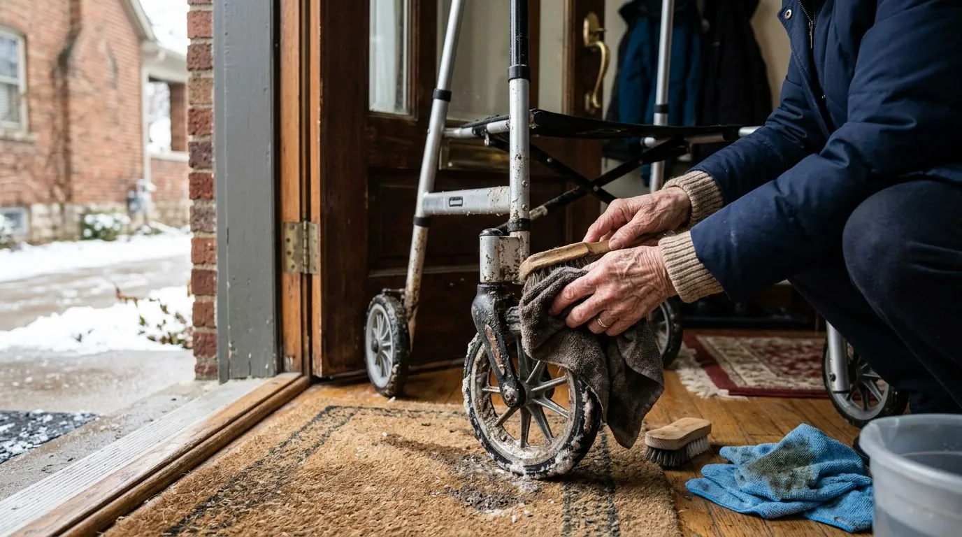 Hands cleaning mud and salt from an outdoor mobility walker near a home entryway