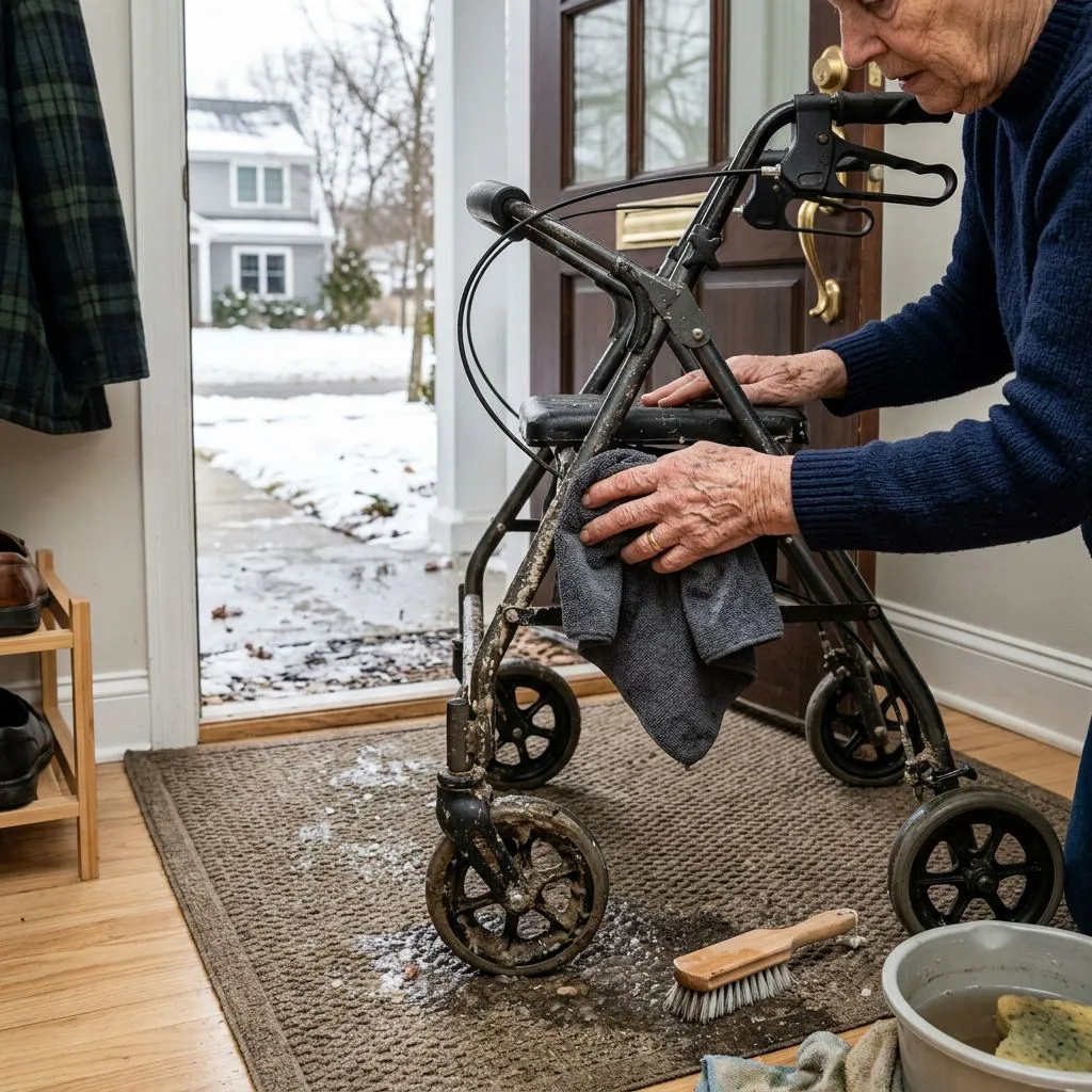 Hands cleaning mud and salt from an outdoor mobility walker near a home entryway