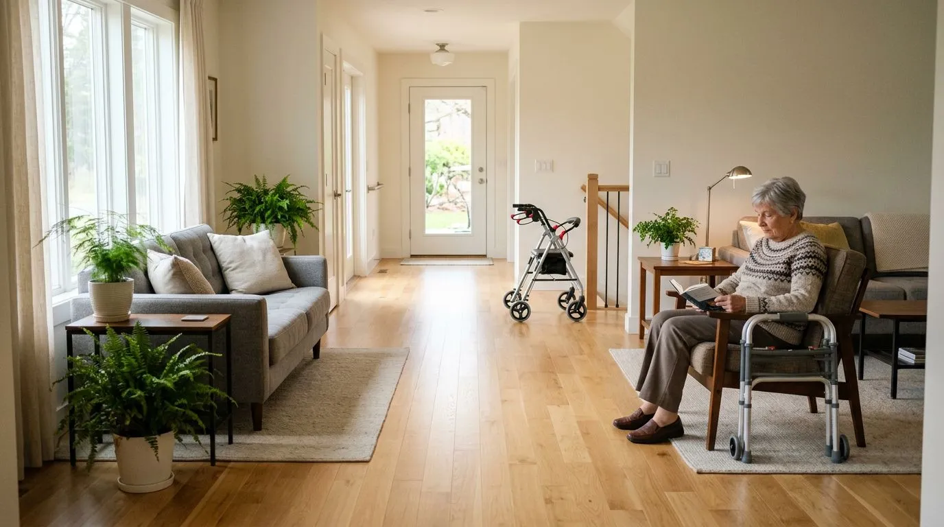 Home interior with clear paths and storage space for a walker and rollator