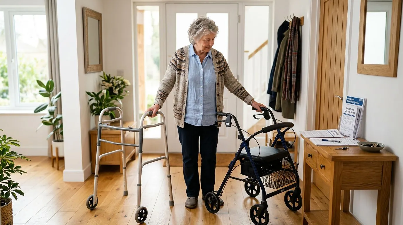 Senior comparing a walker and rollator with insurance paperwork at home