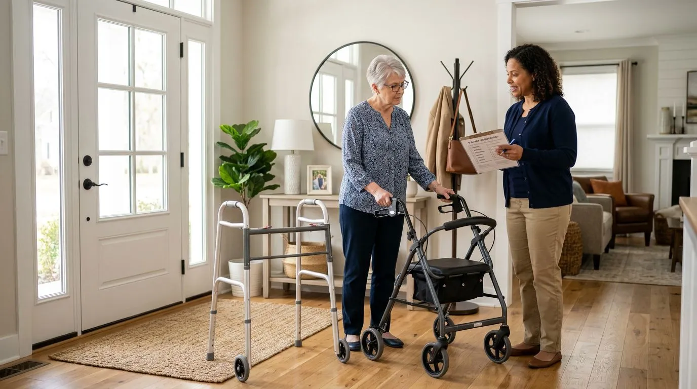 Older adult comparing a folding walker and a seated rollator at home with a caregiver