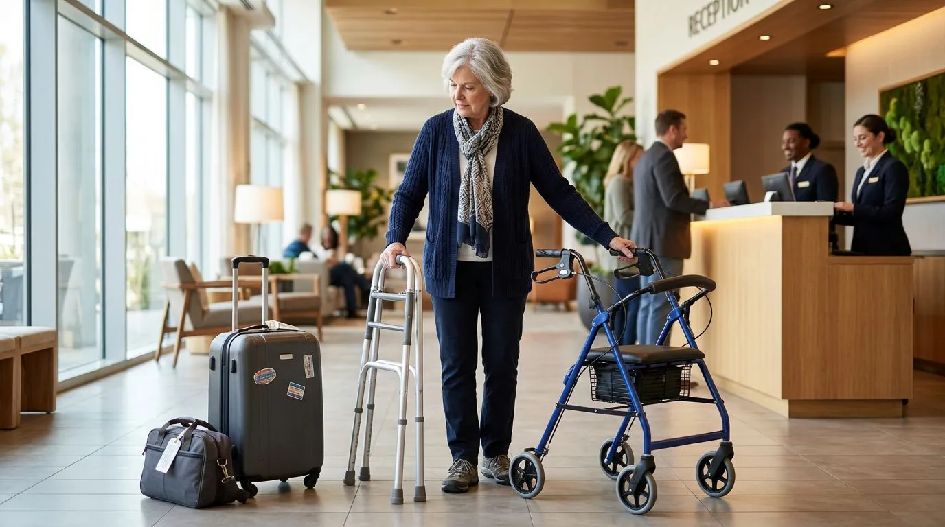 Older traveler in a hotel lobby with a folding walker and rollator for travel rental planning