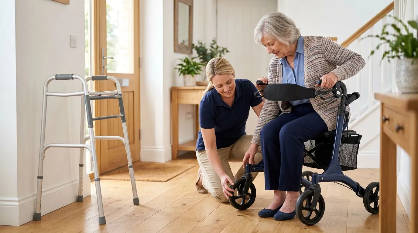 Caregiver inspecting the brakes and wheels of a rollator walker beside a standard folding walker