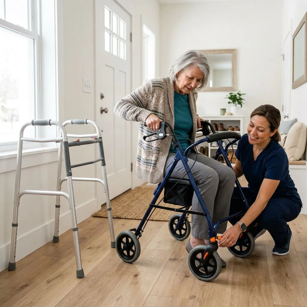 Caregiver inspecting the brakes and wheels of a rollator walker beside a standard folding walker