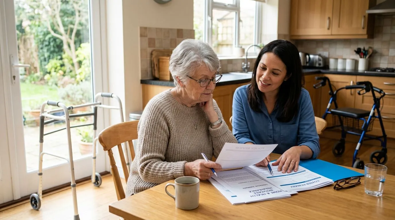 Older adult reviewing insurance paperwork beside a walker and rollator
