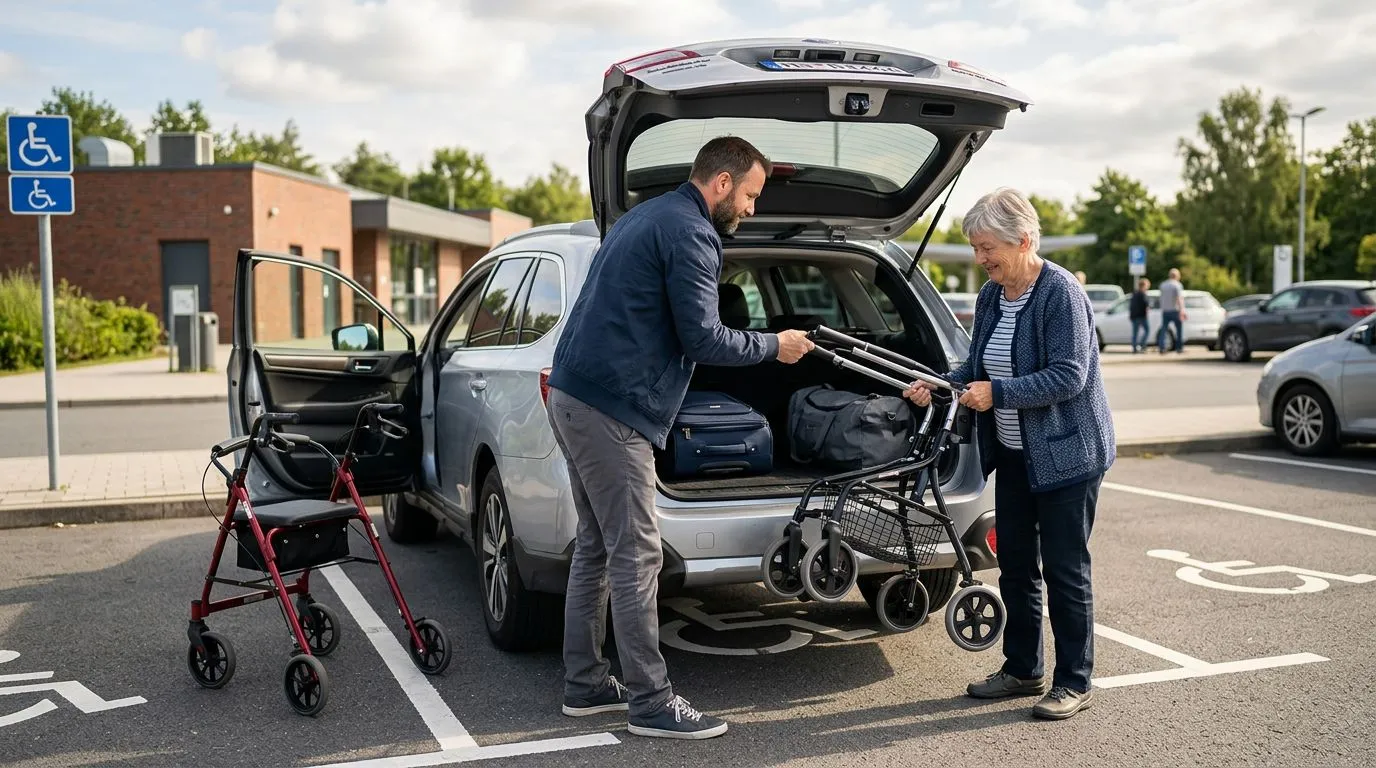 Older adult preparing for a road trip with a folded walker and rollator near an open car trunk