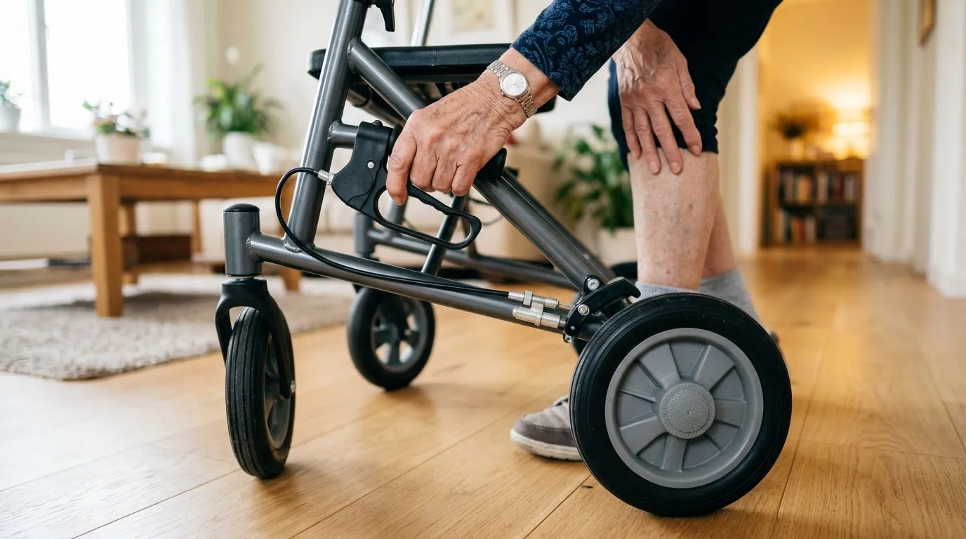 Close-up of a rollator brake cable and hand brake being inspected