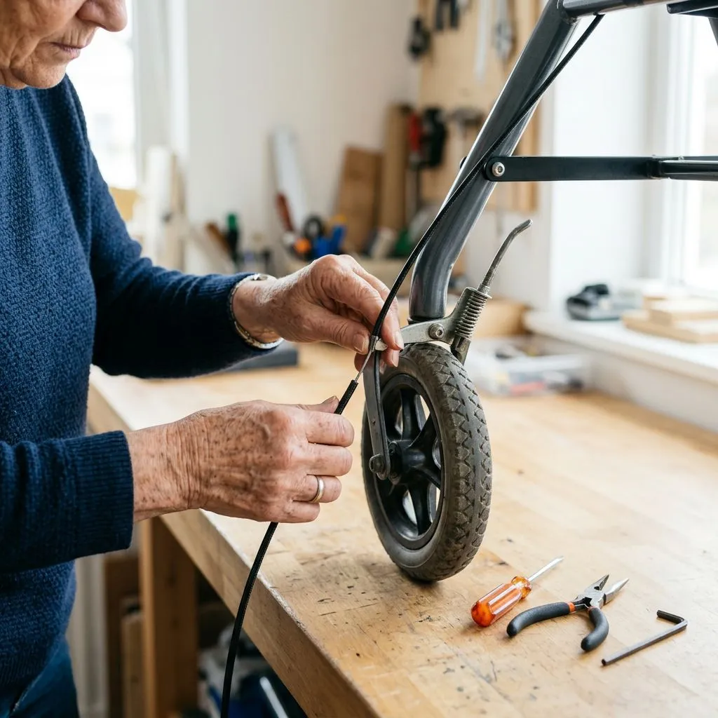 Hands inspecting a rollator brake cable and rear wheel brake for maintenance