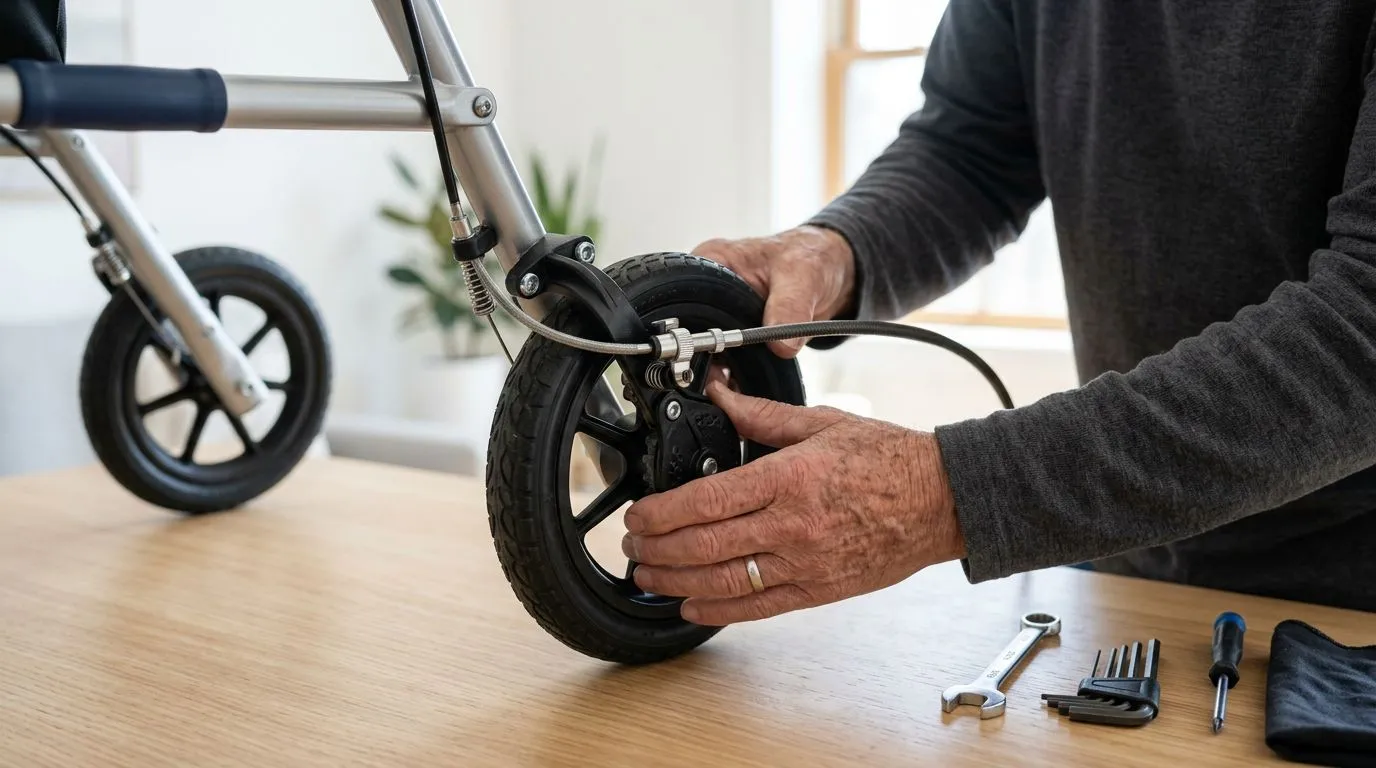Hands inspecting a rollator brake cable and rear wheel brake for maintenance