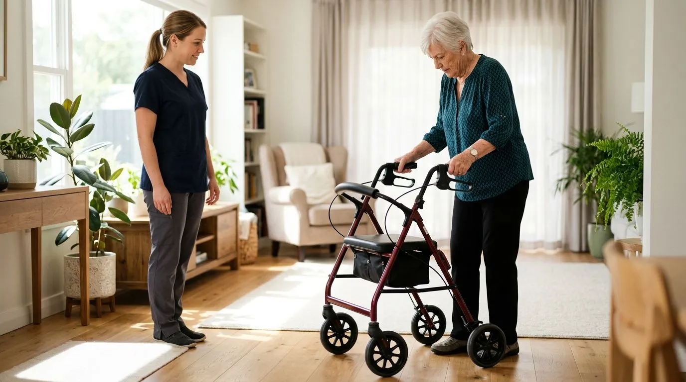 Senior testing the hand brakes on a four-wheel rollator at home