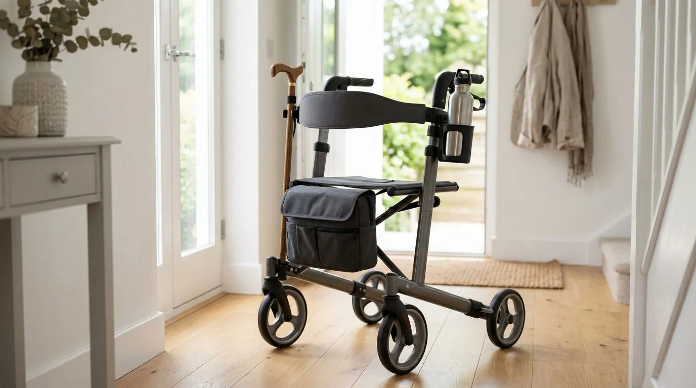 Rollator with cup holder, cane holder, and small organizer pouch in a home entryway