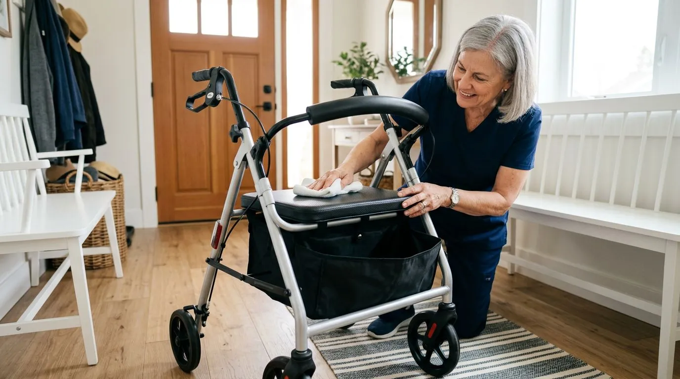 Caregiver cleaning and inspecting a rollator seat, backrest, and storage bag