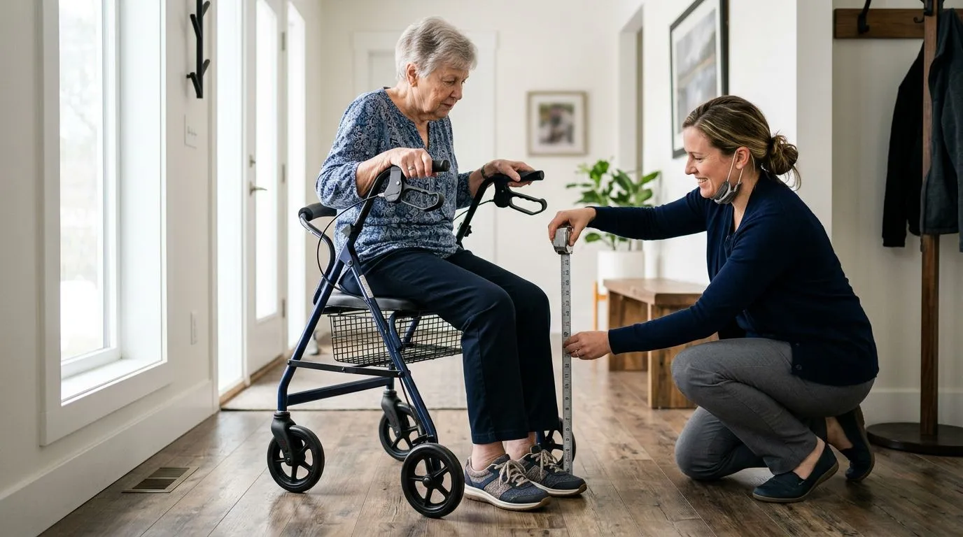 Older adult checking rollator seat comfort and height with brakes locked
