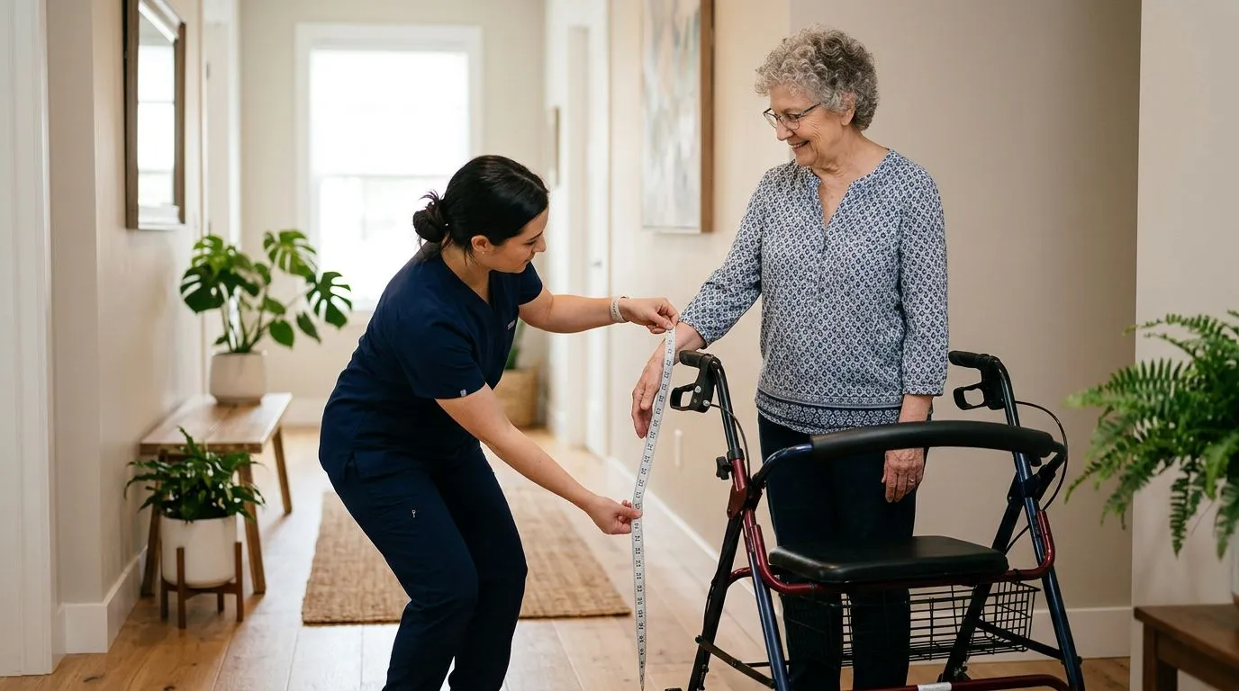 Older adult measuring rollator handle height for a safer fit