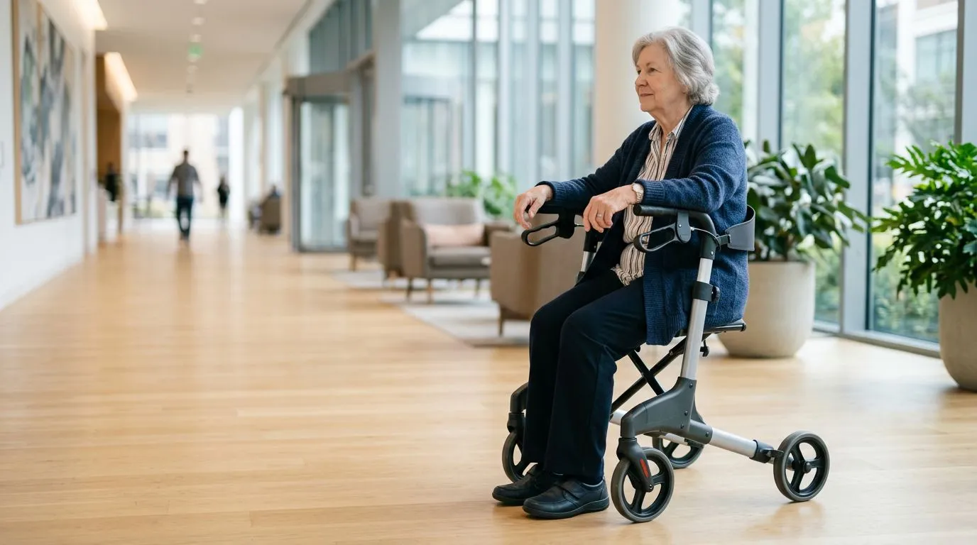 Older adult sitting safely on a rollator seat with brakes locked on a flat indoor surface