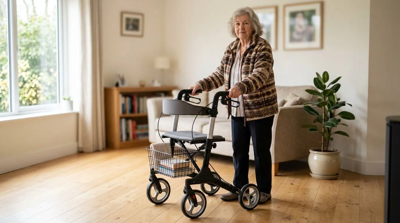 Older adult safely locking the brakes on a rollator before sitting on the built-in seat