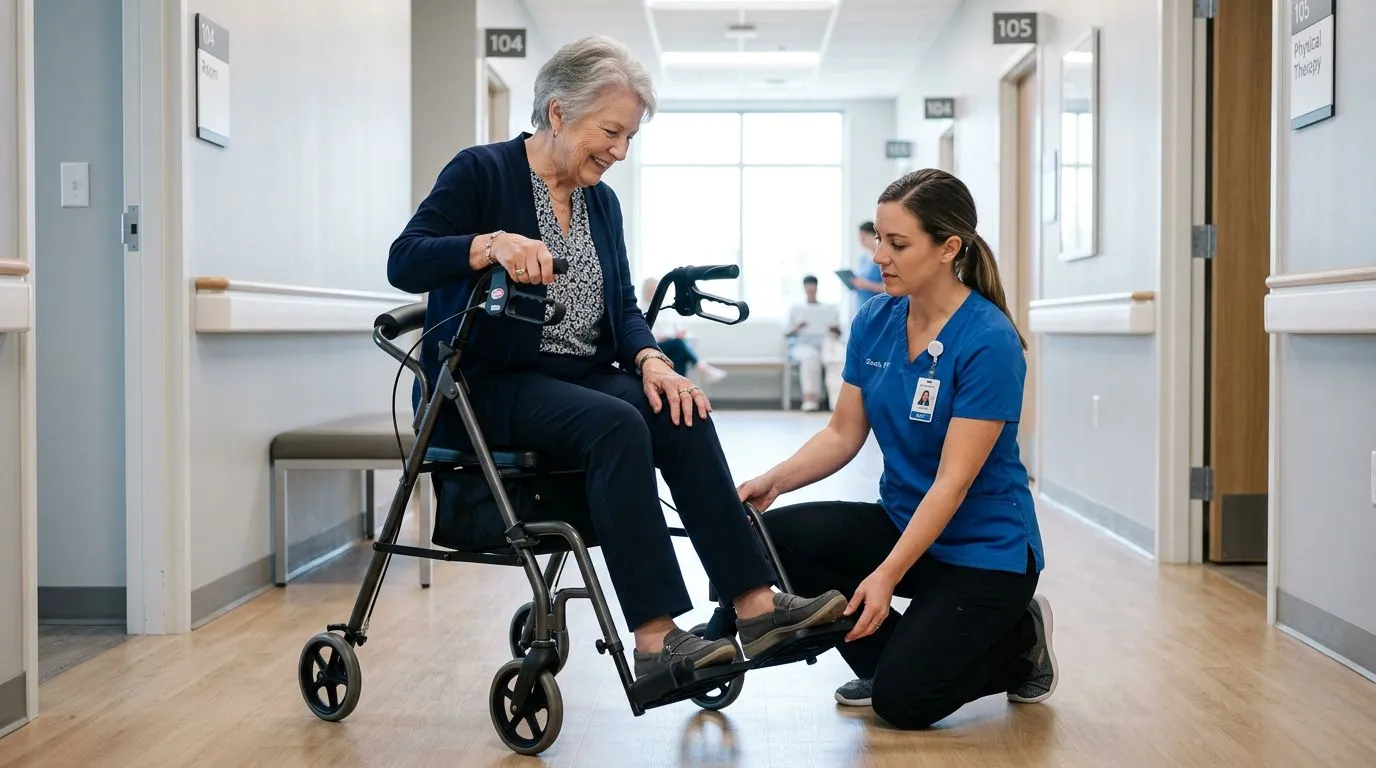 Older adult and caregiver using a rollator transport chair combo in a clinic hallway