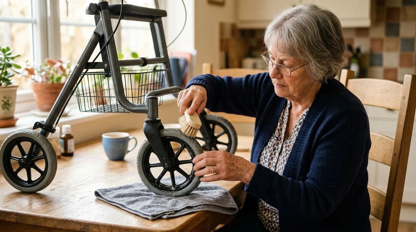 Older adult cleaning debris from a rollator wheel with a small brush