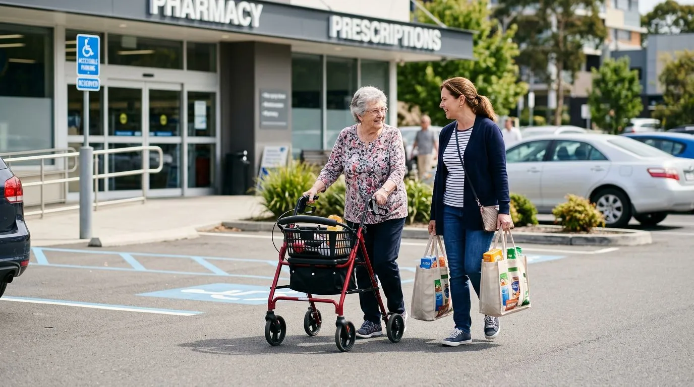 Senior using a rollator safely with a caregiver while running errands near a store entrance