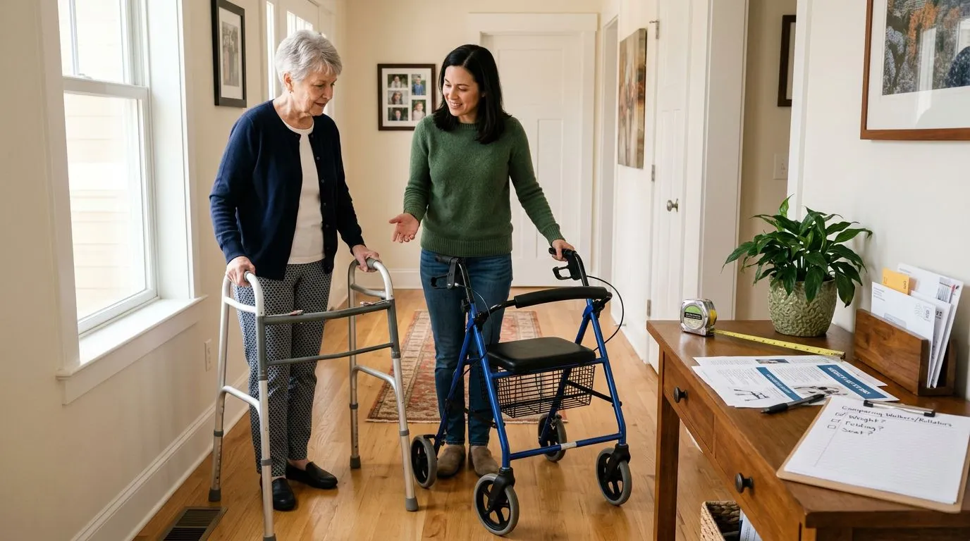 Older adult comparing a walker and rollator with a family member using a checklist and tape measure