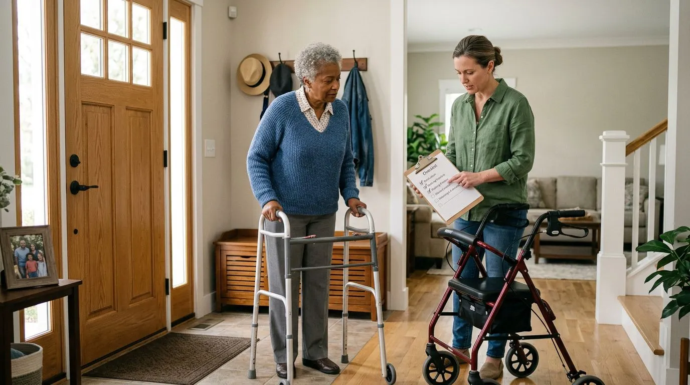 Older adult comparing a walker and rollator at home after surgery