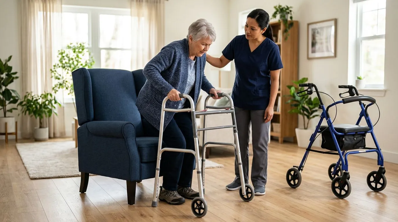 Older adult practicing safe standing with a walker while a rollator is nearby