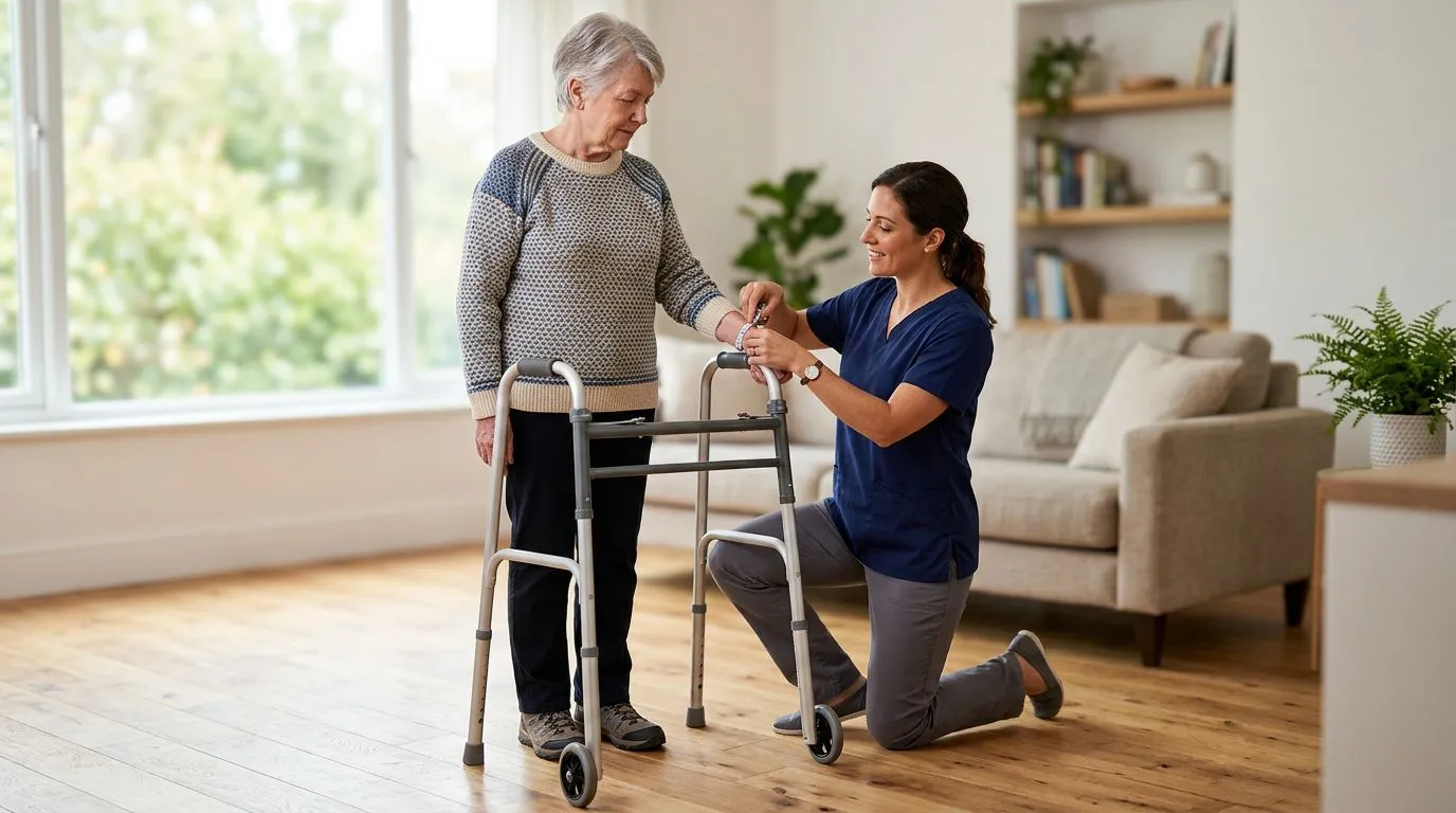 Older adult being measured for proper standard walker handle height at home