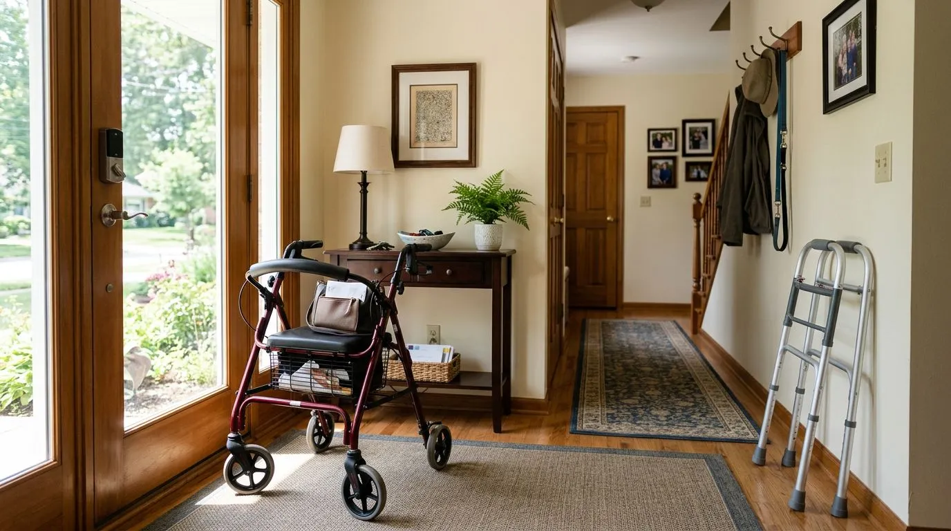 A standard walker indoors and a rollator by the front door for outdoor use