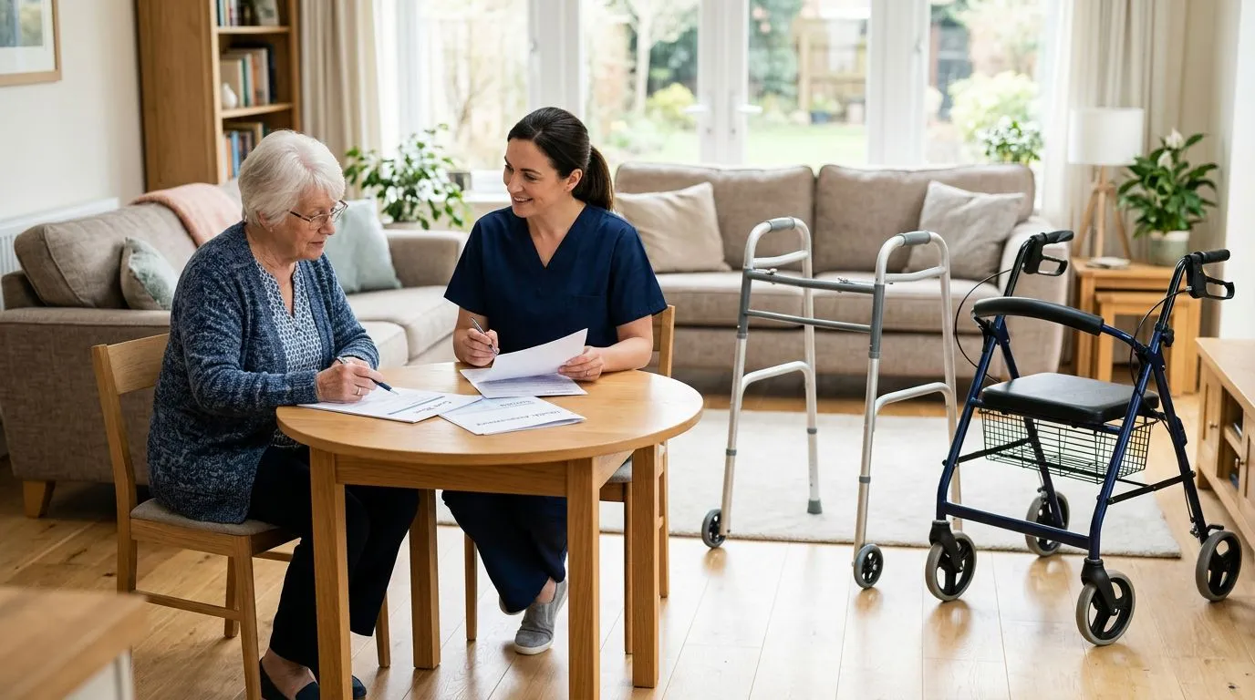 Standard walker, two-wheel walker, and rollator shown beside insurance paperwork in a home setting